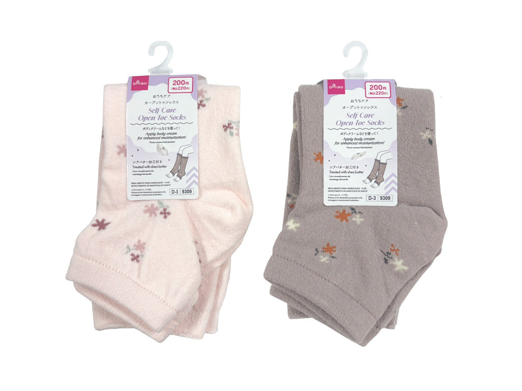 Home Care Open Toe Socks (Small Floral Pattern, Shea Butter Treatment)