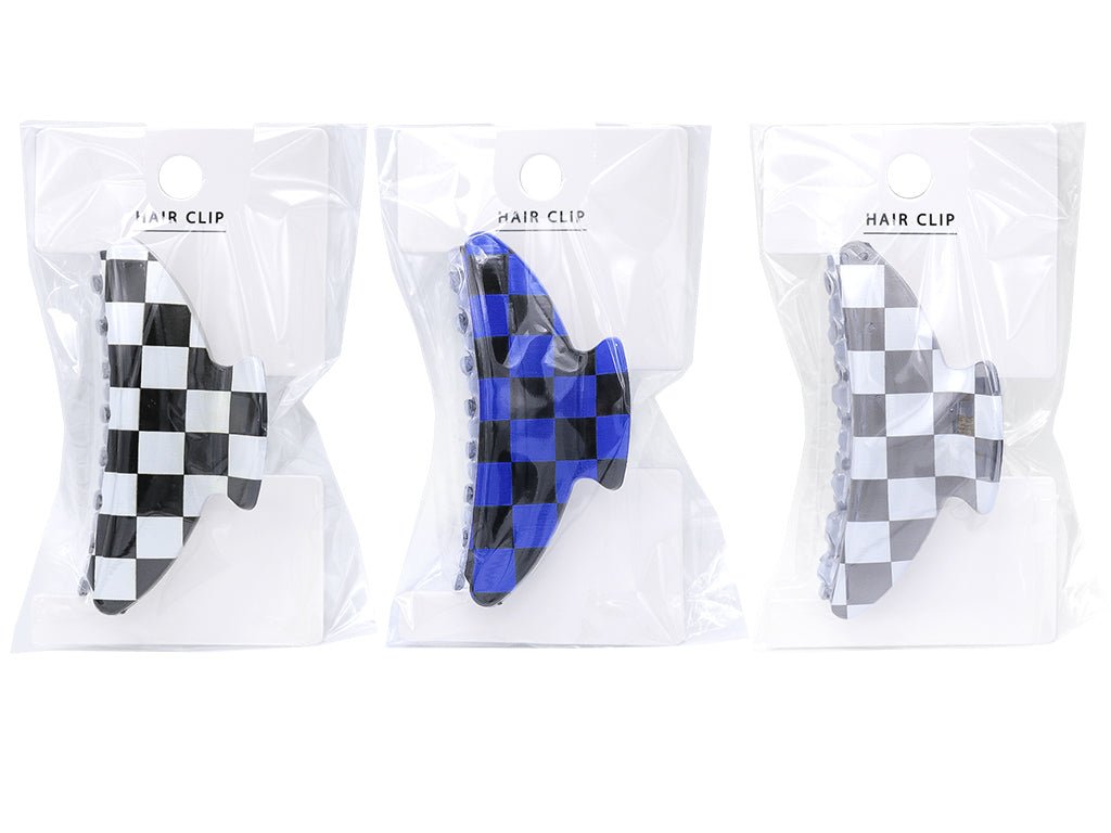Checker Pattern Hair Clip (Curve Black, Gray, Blue)