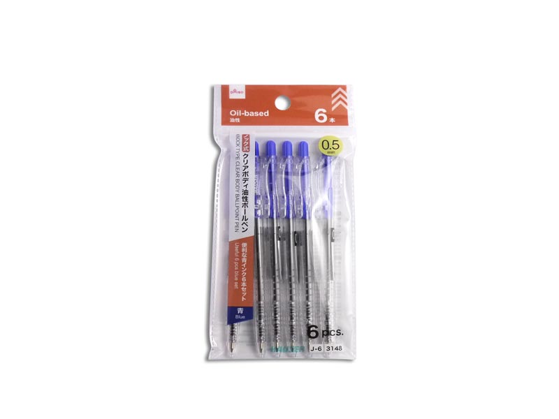 Knock Type Clear Body Oil-Based Ballpoint Pen (Blue, Set of 6)