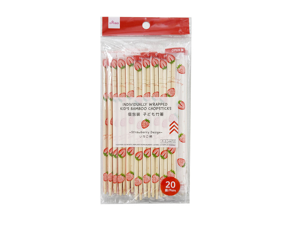 Individually Wrapped Children's Bamboo Chopsticks (20 pairs, Strawberry Design)