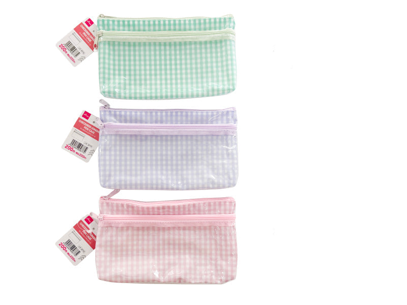 Gingham Check Pencil Case (2 Pockets, Purple, Green, Pink)