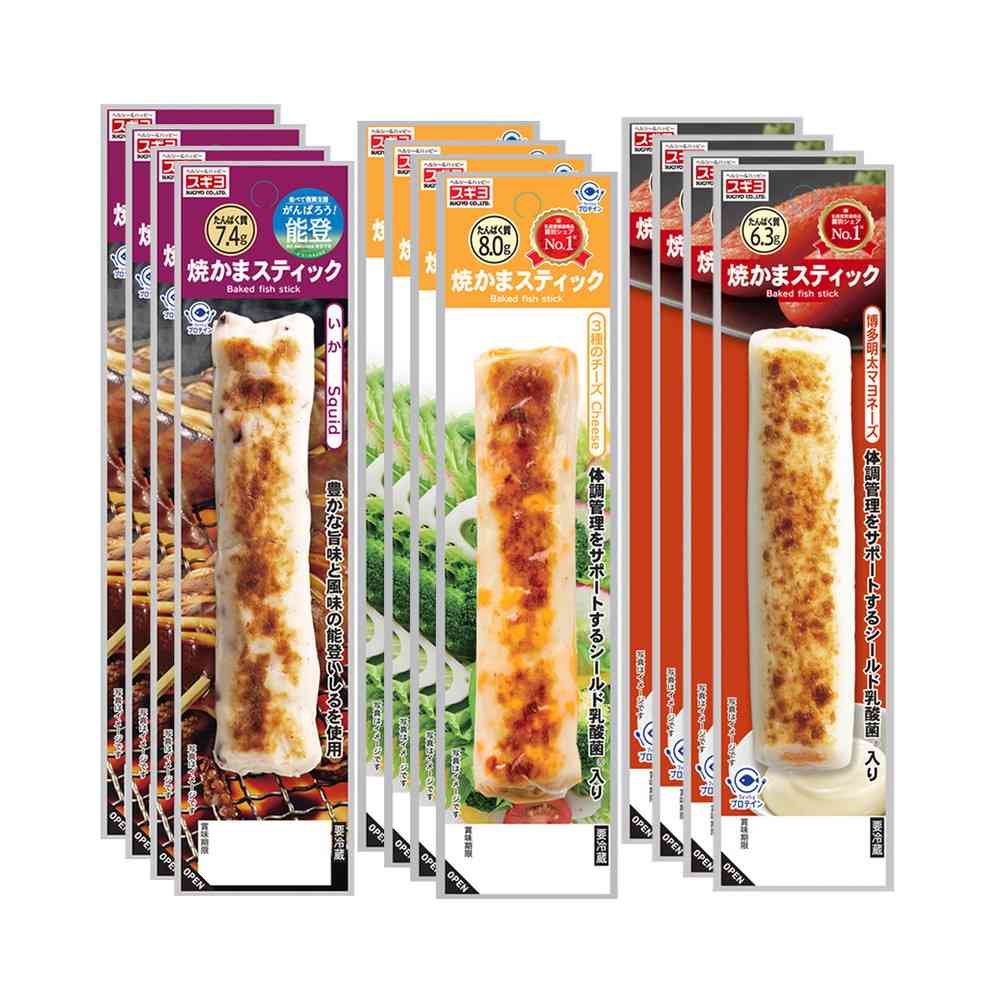 Sugiyo Grilled Kamaboko Stick 12-Piece Set (Squid, 3 Cheese Varieties, Hakata Mentaiko Mayonnaise)