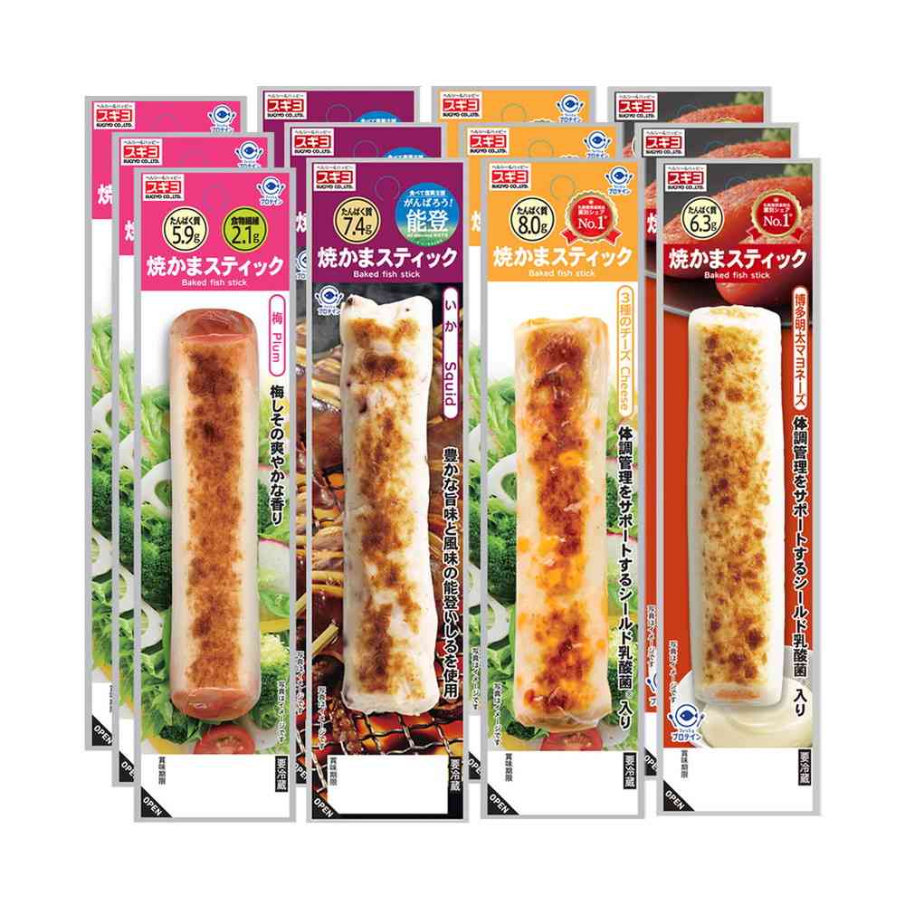 Sugiyo Grilled Kamaboko Stick 4 Variety Set (12 Pieces) (Plum, Squid, 3 Cheese, Hakata Mentaiko Mayo)